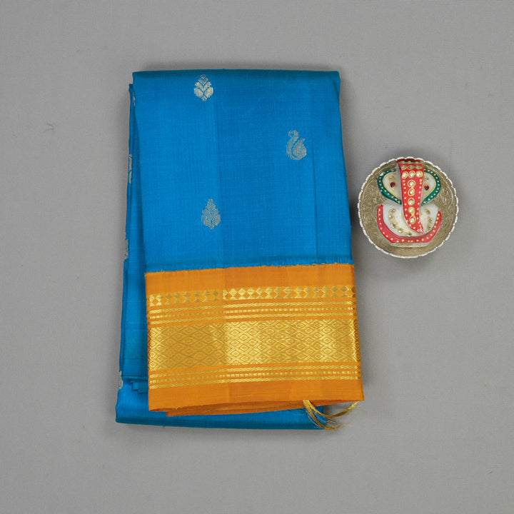 Hayagrivas Aqua Blue Pure One Side Border Silk Saree with Golden Yellow border KBD2138C3-25