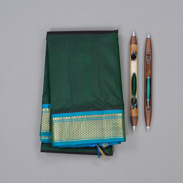 Hayagrivas Bottle Green Handloom Kanjivaram Silk Saree with Sky Blue Border KBD2149C1-51