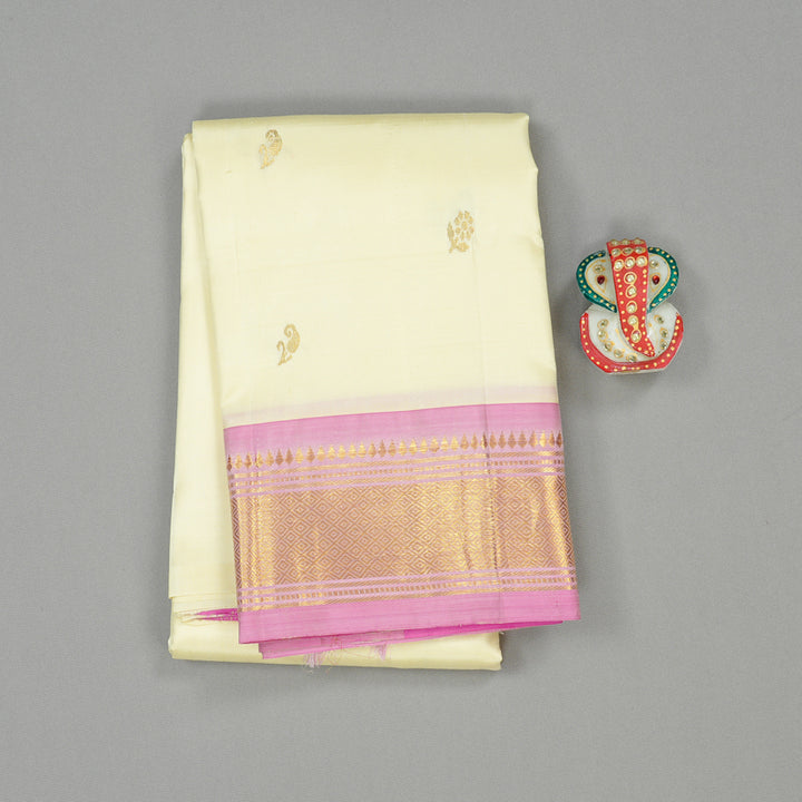 Hayagrivas Half White Handloom Kanjivaram Silk Saree with Mild Pink Border KBD2151C1-1