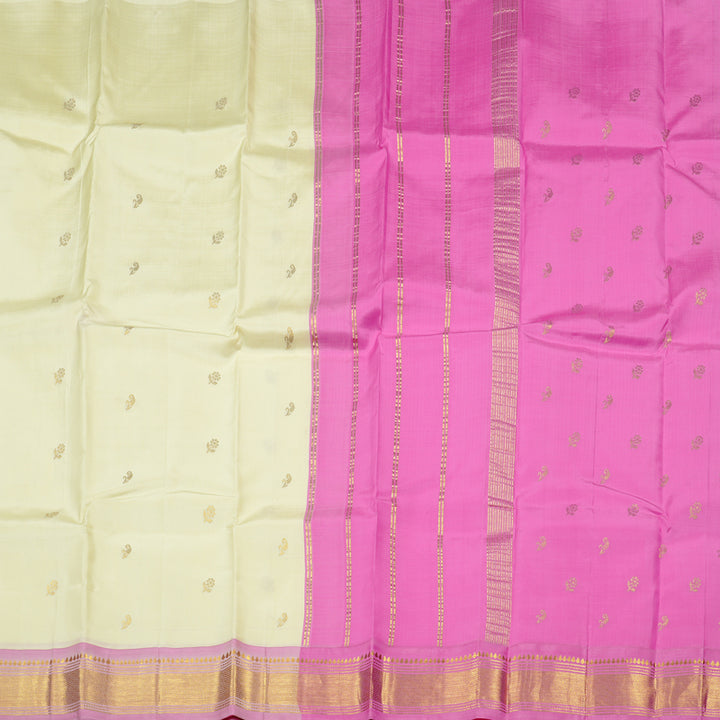 Hayagrivas Half White Handloom Kanjivaram Silk Saree with Mild Pink Border KBD2151C1-1