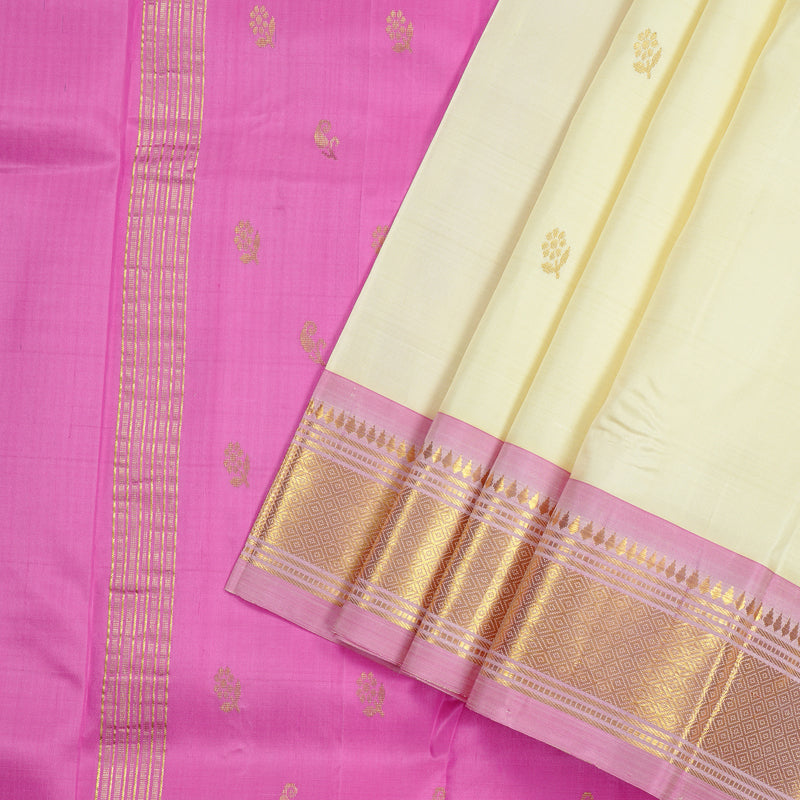 Hayagrivas Half White Handloom Kanjivaram Silk Saree with Mild Pink Border KBD2151C1-1