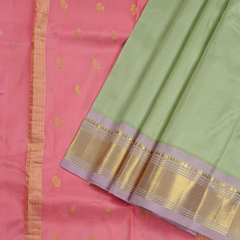 Hayagrivas Pastel Green Handloom Kanjivaram Silk Saree with Lilac Colour Border KBD2151C1-16