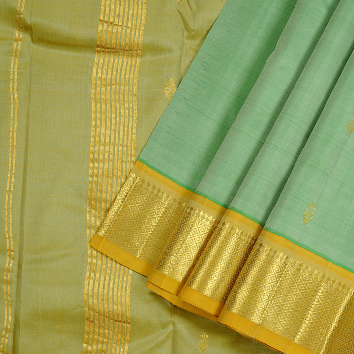 Hayagrivas Pastel Green Handloom Kanjivaram Silk Saree with Mustard Yellow Border KBD2151C1-25