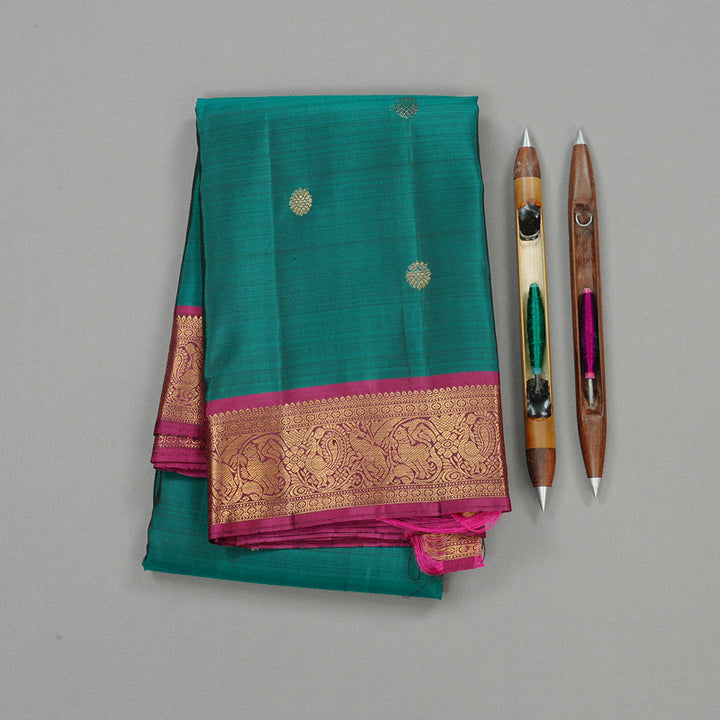 Hayagrivas Teal Green Handloom Kanjivaram Silk Saree with Dark Pink Border KBD2171C2-3