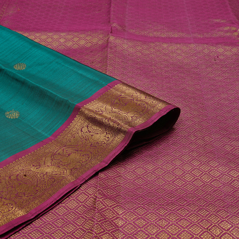 Hayagrivas Teal Green Handloom Kanjivaram Silk Saree with Dark Pink Border KBD2171C2-3