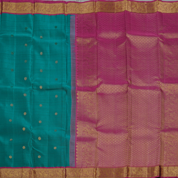 Hayagrivas Teal Green Handloom Kanjivaram Silk Saree with Dark Pink Border KBD2171C2-3