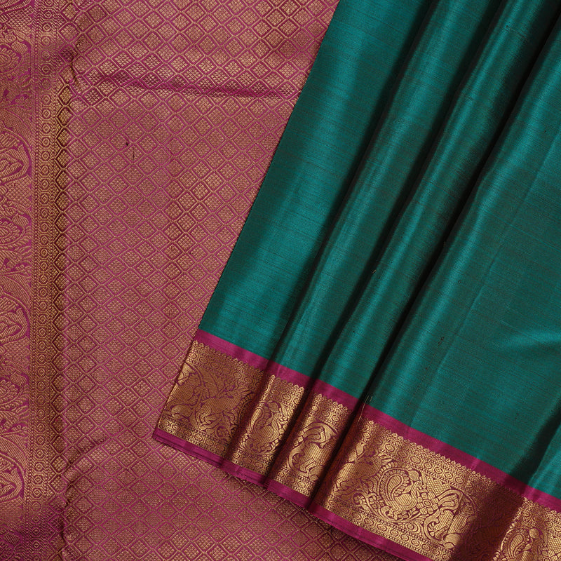 Hayagrivas Teal Green Handloom Kanjivaram Silk Saree with Dark Pink Border KBD2171C2-3