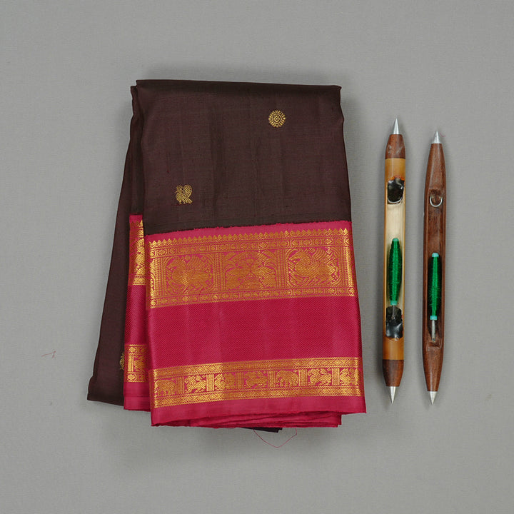 Hayagrivas Handloom Kanjivaram Silk Saree in Earthy Dark Brown KBD2173C1-1
