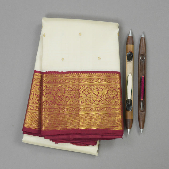 Hayagrivas White Handloom Kanjivaram Silk Saree with Maroon Border KBD2173C2-1