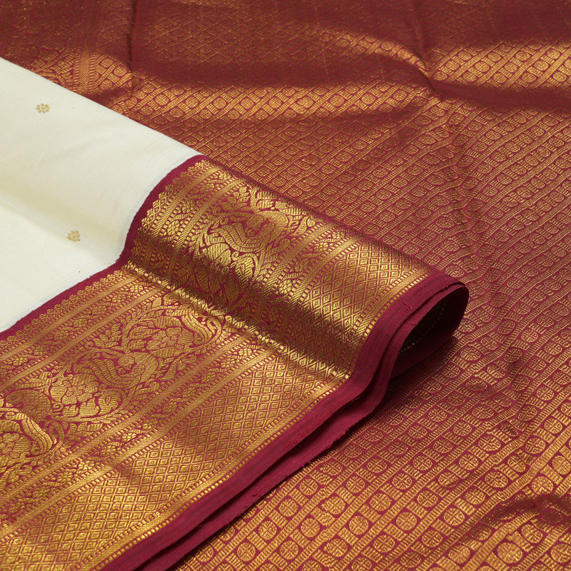 Hayagrivas White Handloom Kanjivaram Silk Saree with Maroon Border KBD2173C2-1
