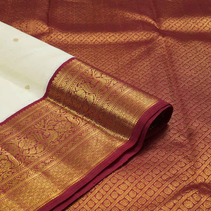 Hayagrivas White Handloom Kanjivaram Silk Saree with Maroon Border KBD2173C2-1