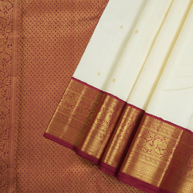 Hayagrivas White Handloom Kanjivaram Silk Saree with Maroon Border KBD2173C2-1