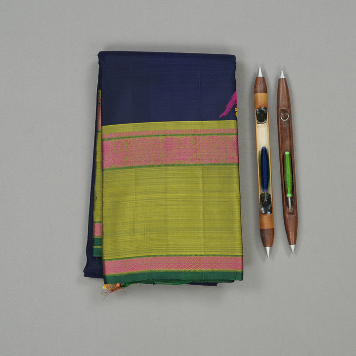 Hayagrivas Dark Blue Handloom Kanjivaram Silk Saree with Mehandi Green Border KBD2174C2-1