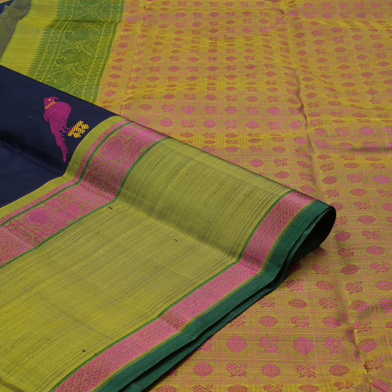 Hayagrivas Dark Blue Handloom Kanjivaram Silk Saree with Mehandi Green Border KBD2174C2-1