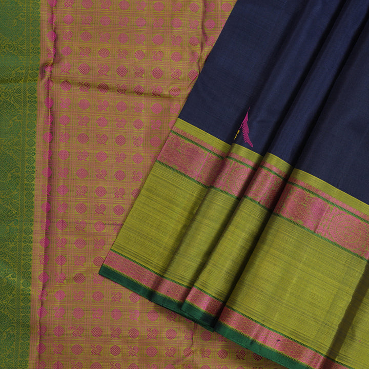 Hayagrivas Dark Blue Handloom Kanjivaram Silk Saree with Mehandi Green Border KBD2174C2-1