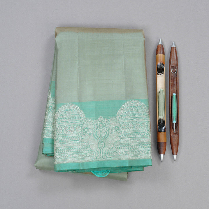 Hayagrivas Silver Grey Handloom Kanjivaram Silk Saree with Light Sky Blue Border KBD2174C5-1