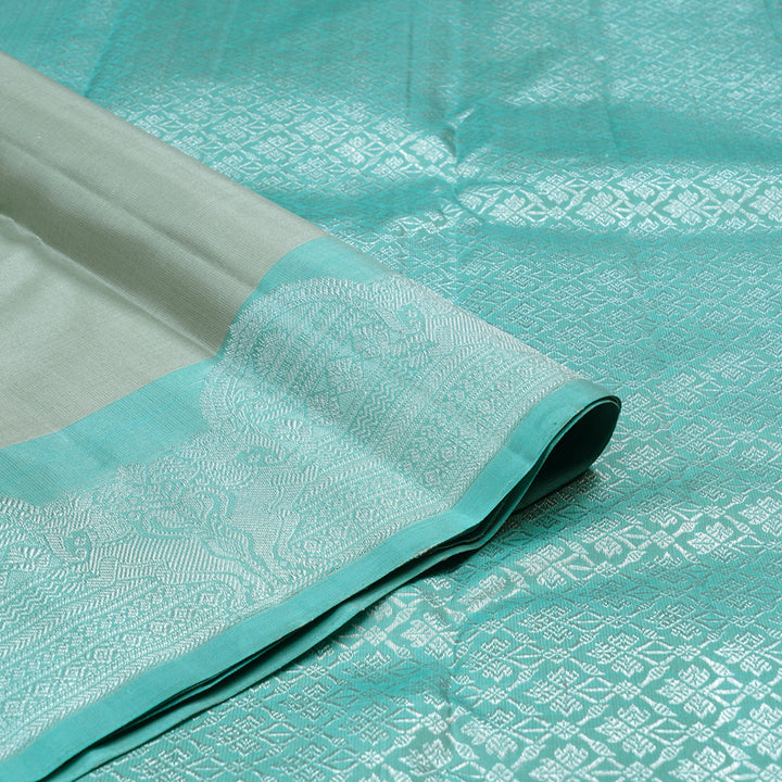 Hayagrivas Silver Grey Handloom Kanjivaram Silk Saree with Light Sky Blue Border KBD2174C5-1