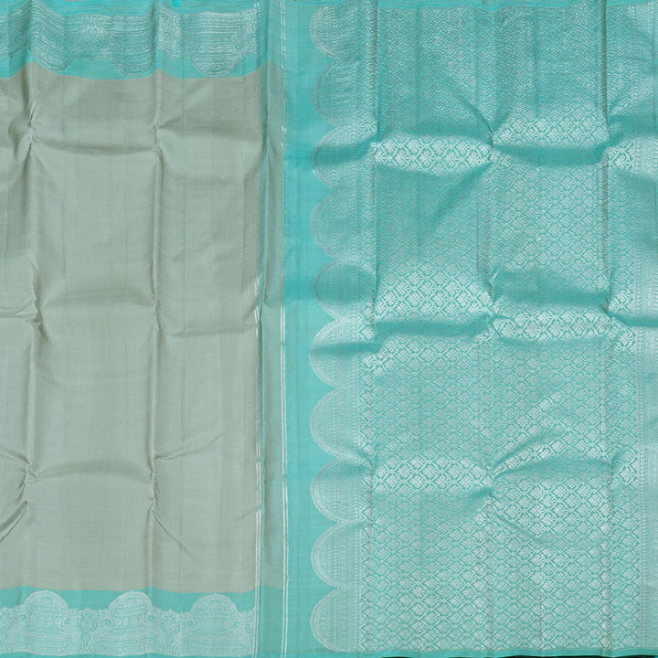 Hayagrivas Silver Grey Handloom Kanjivaram Silk Saree with Light Sky Blue Border KBD2174C5-1