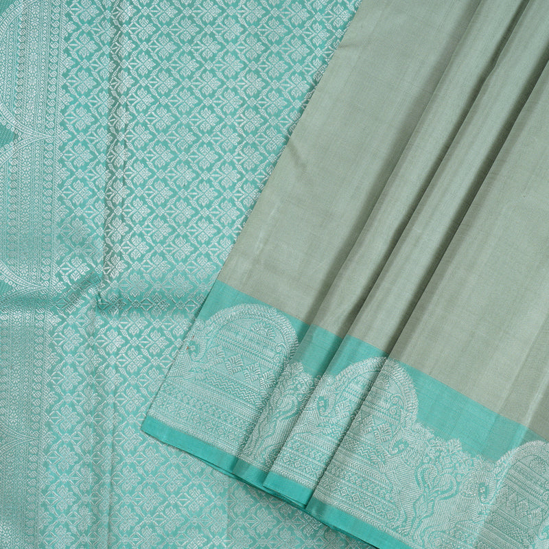 Hayagrivas Silver Grey Handloom Kanjivaram Silk Saree with Light Sky Blue Border KBD2174C5-1