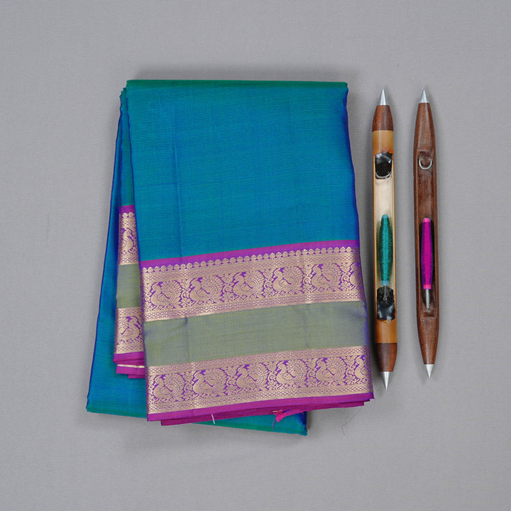 Hayagrivas Peacock Blue Handloom Kanjivaram Silk Saree with Purple Border KBD2176C2-7