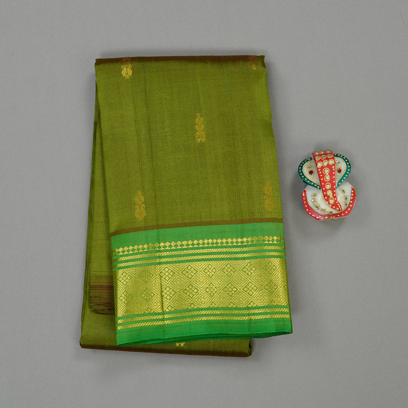 Hayagrivas Olive Green Handloom Kanjivaram Silk Saree with Green Border KBD2177C1-1