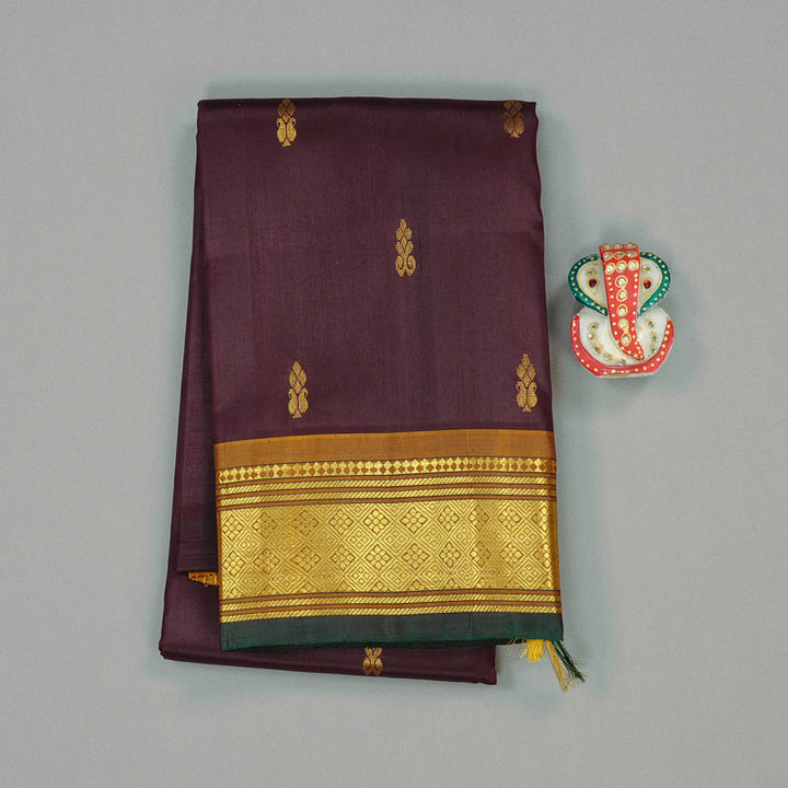 Hayagrivas Dark Brown Handloom Kanjivaram Silk Saree with Honey Mustard Border KBD2177C2-13