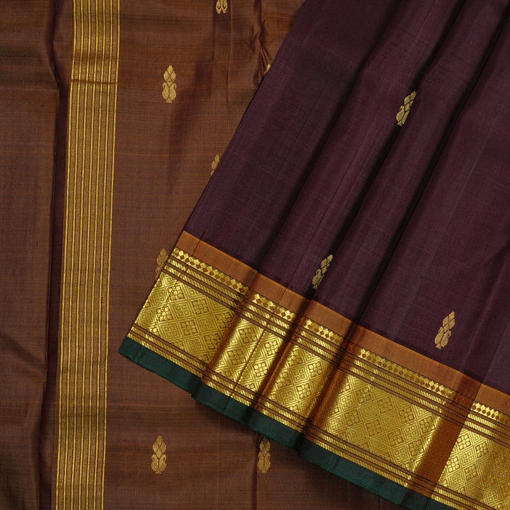 Hayagrivas Dark Brown Handloom Kanjivaram Silk Saree with Honey Mustard Border KBD2177C2-13