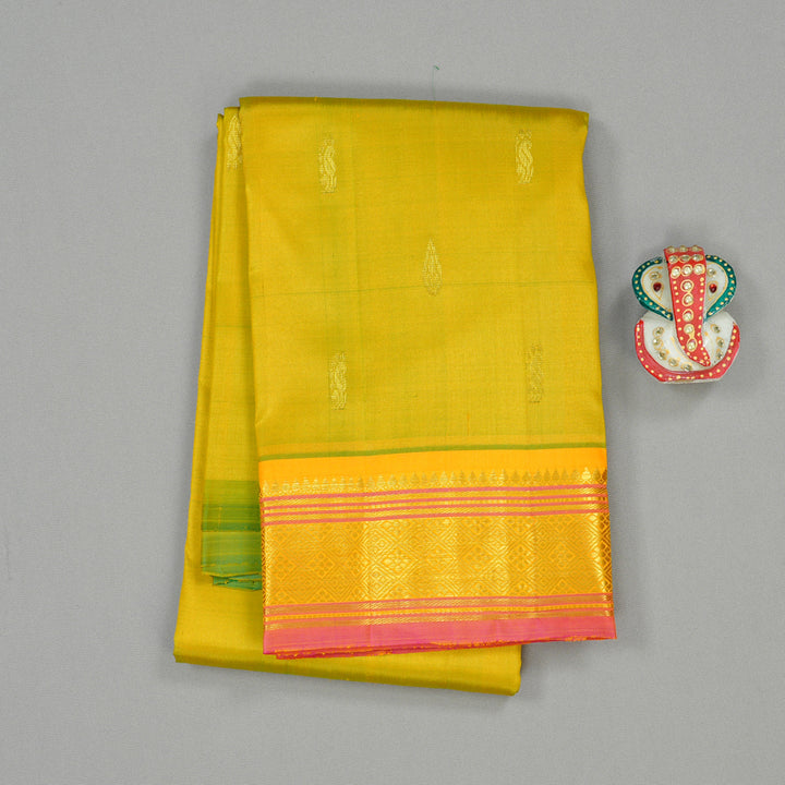Hayagrivas Fluorescent Green Handloom Kanjivaram Silk Saree with Mustard Yellow Border KBD2177C2-14