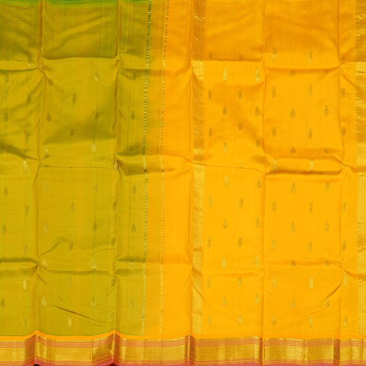Hayagrivas Fluorescent Green Handloom Kanjivaram Silk Saree with Mustard Yellow Border KBD2177C2-14