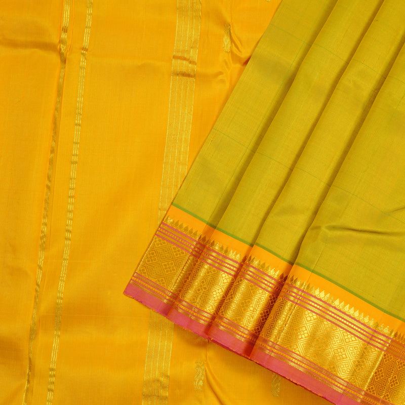 Hayagrivas Fluorescent Green Handloom Kanjivaram Silk Saree with Mustard Yellow Border KBD2177C2-14