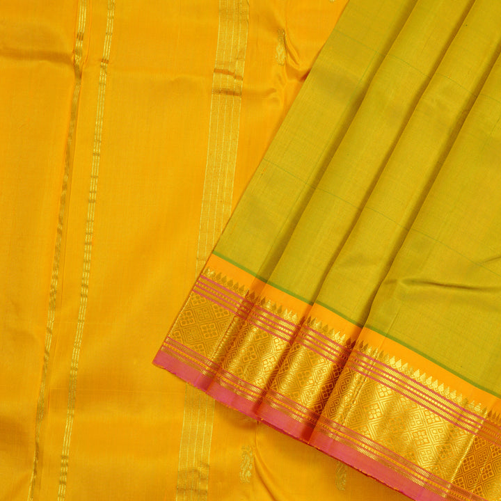 Hayagrivas Fluorescent Green Handloom Kanjivaram Silk Saree with Mustard Yellow Border KBD2177C2-14