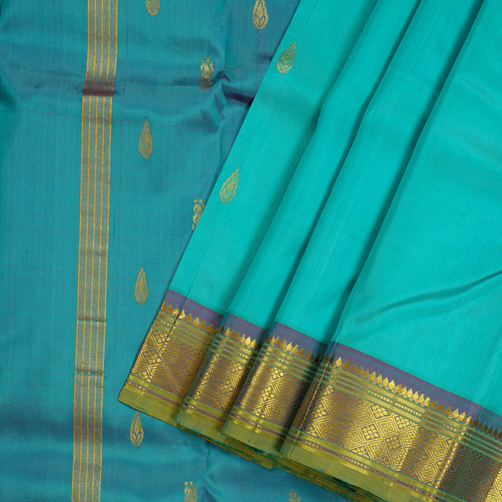 Hayagrivas Sea Green Handloom Kanjivaram Silk Saree with Purple Border KBD2177C2-26
