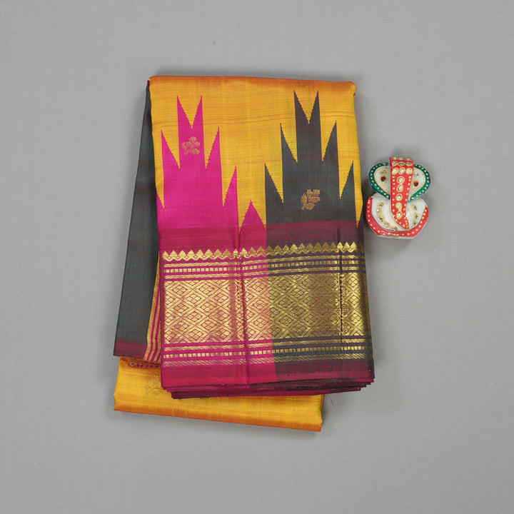 Hayagrivas Mustard Yellow Handloom Kanjivaram Silk Saree with Green With Pink Border KBD2177C3-10