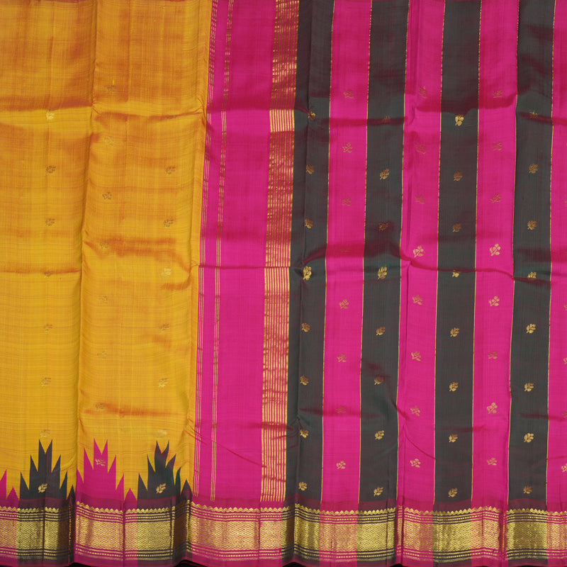 Hayagrivas Mustard Yellow Handloom Kanjivaram Silk Saree with Green With Pink Border KBD2177C3-10