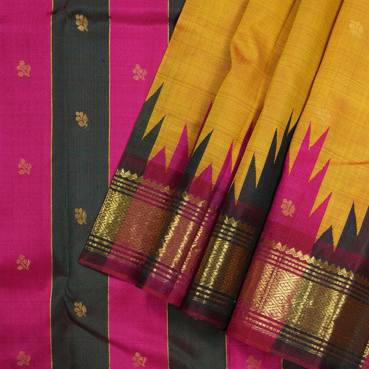 Hayagrivas Mustard Yellow Handloom Kanjivaram Silk Saree with Green With Pink Border KBD2177C3-10
