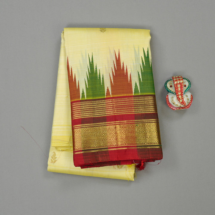 Hayagrivas Light Lemon Yellow Handloom Kanjivaram Silk Saree with Green With Maroon Border KBD2177C3-13