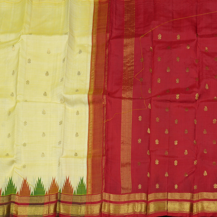 Hayagrivas Light Lemon Yellow Handloom Kanjivaram Silk Saree with Green With Maroon Border KBD2177C3-13