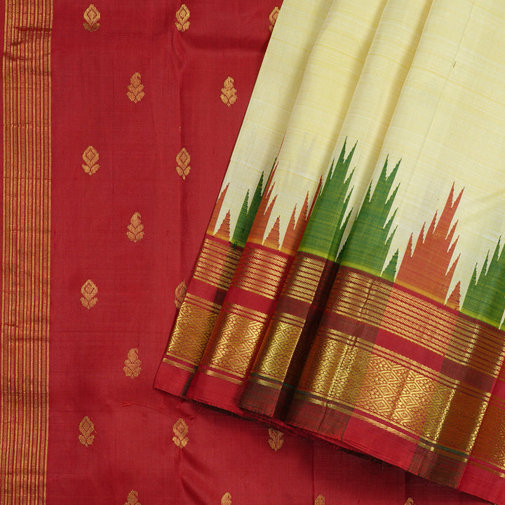 Hayagrivas Light Lemon Yellow Handloom Kanjivaram Silk Saree with Green With Maroon Border KBD2177C3-13