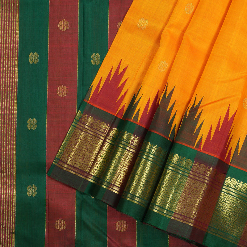 Hayagrivas Mango Yellow Handloom Kanjivaram Silk Saree with Green With Maroon Border KBD2177C3-15