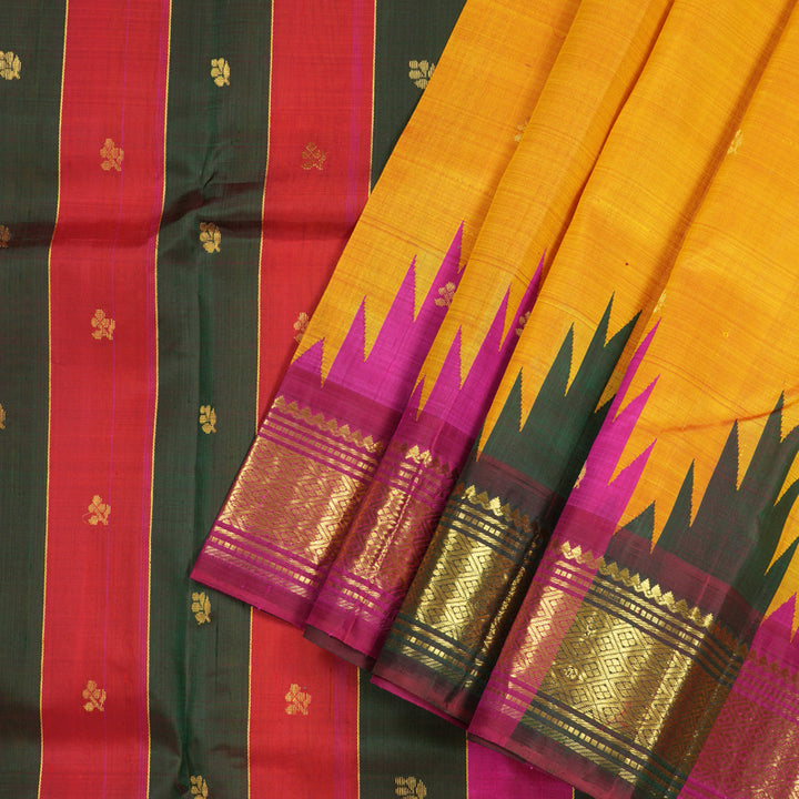 Hayagrivas Mustard Yellow Handloom Kanjivaram Silk Saree with Multi Colour  Border KBD2177C3-16