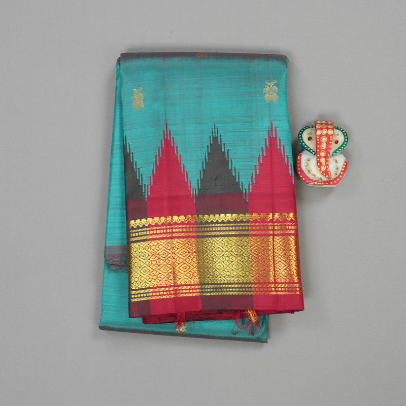 Hayagrivas Teal Blue Handloom Kanjivaram Silk Saree with Green With Maroon Border KBD2177C3-7