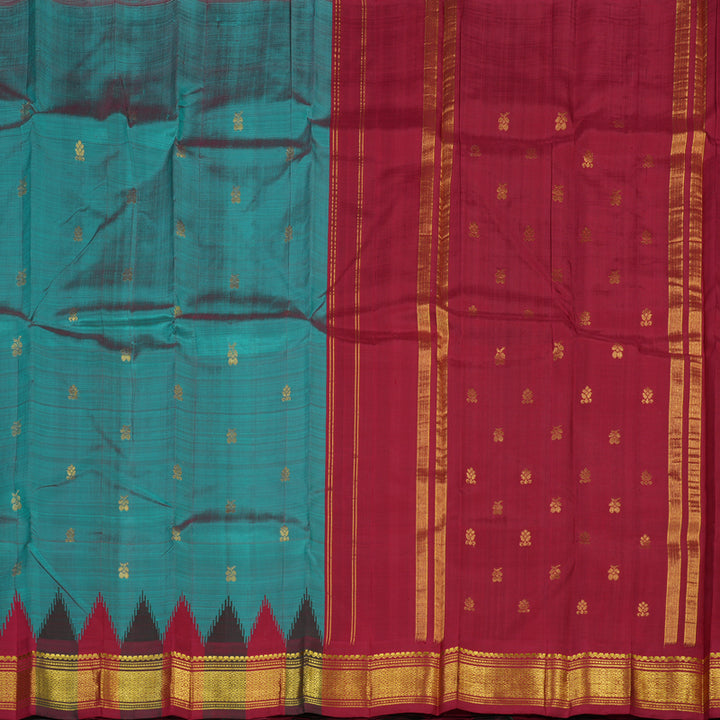 Hayagrivas Teal Blue Handloom Kanjivaram Silk Saree with Green With Maroon Border KBD2177C3-7