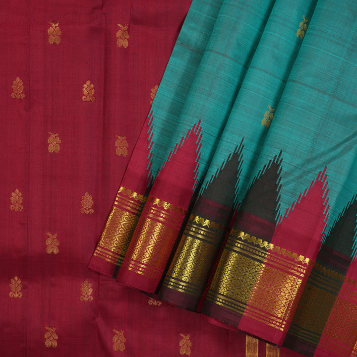 Hayagrivas Teal Blue Handloom Kanjivaram Silk Saree with Green With Maroon Border KBD2177C3-7