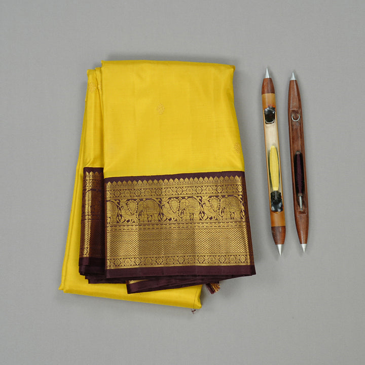 Hayagrivas Lemon Yellow Handloom Kanjivaram Silk Saree with Dark Brown Border KBD2178C2-1