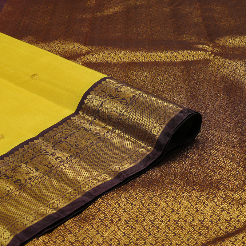 Hayagrivas Lemon Yellow Handloom Kanjivaram Silk Saree with Dark Brown Border KBD2178C2-1
