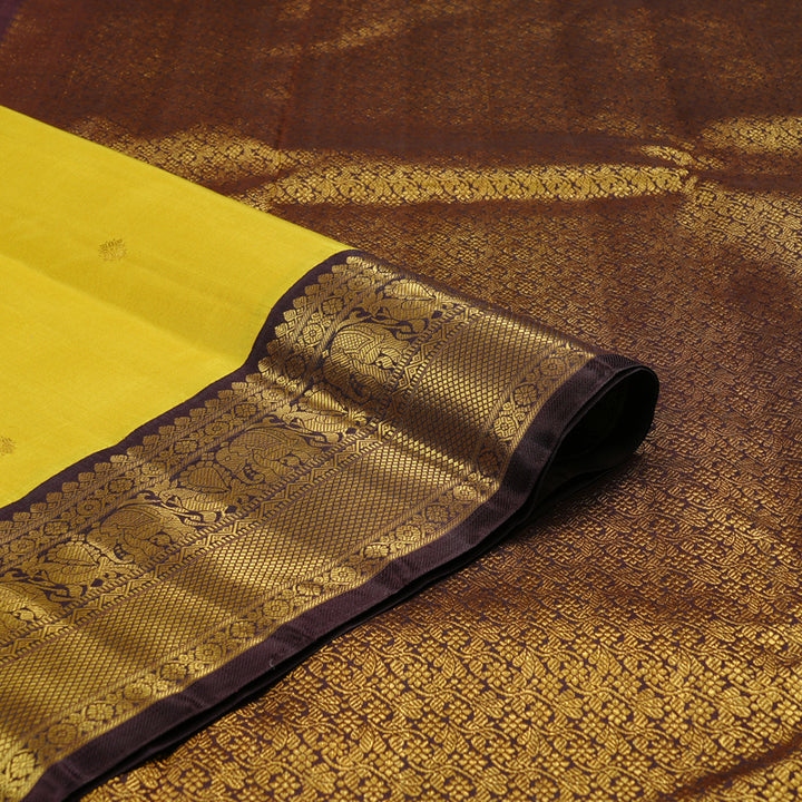 Hayagrivas Lemon Yellow Handloom Kanjivaram Silk Saree with Dark Brown Border KBD2178C2-1