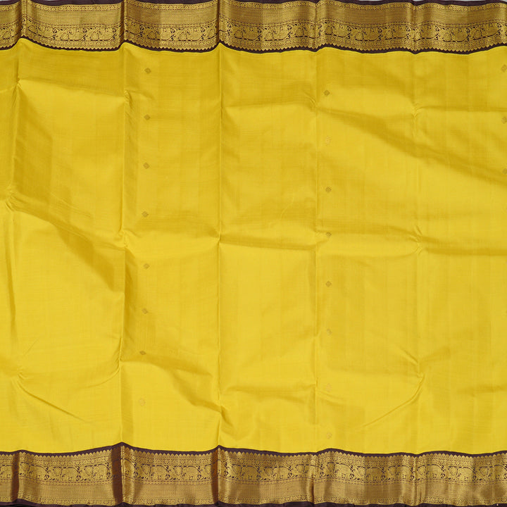 Hayagrivas Lemon Yellow Handloom Kanjivaram Silk Saree with Dark Brown Border KBD2178C2-1