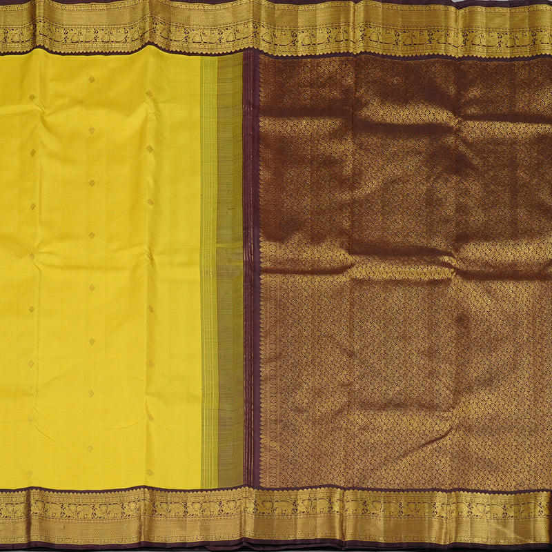 Hayagrivas Lemon Yellow Handloom Kanjivaram Silk Saree with Dark Brown Border KBD2178C2-1