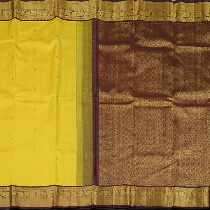 Hayagrivas Lemon Yellow Handloom Kanjivaram Silk Saree with Dark Brown Border KBD2178C2-1