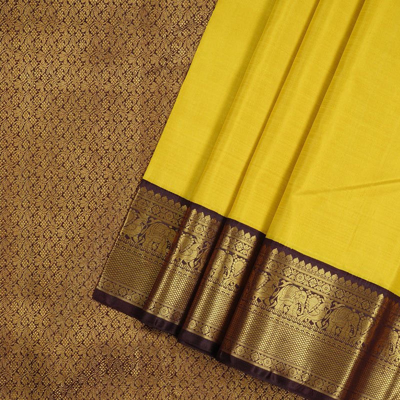 Hayagrivas Lemon Yellow Handloom Kanjivaram Silk Saree with Dark Brown Border KBD2178C2-1